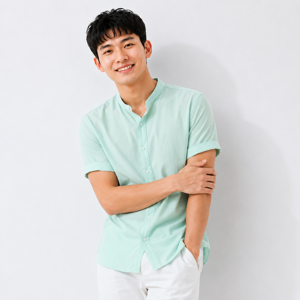 Men's Mandarin Collar Linen Shirt - Sage Green