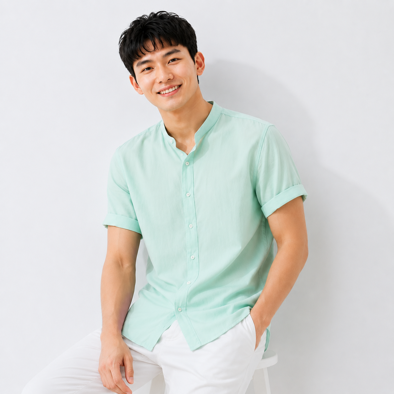 Men's Mandarin Collar Linen Shirt - Sage Green