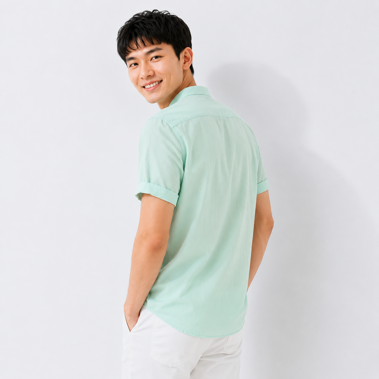 Men's Mandarin Collar Linen Shirt - Sage Green