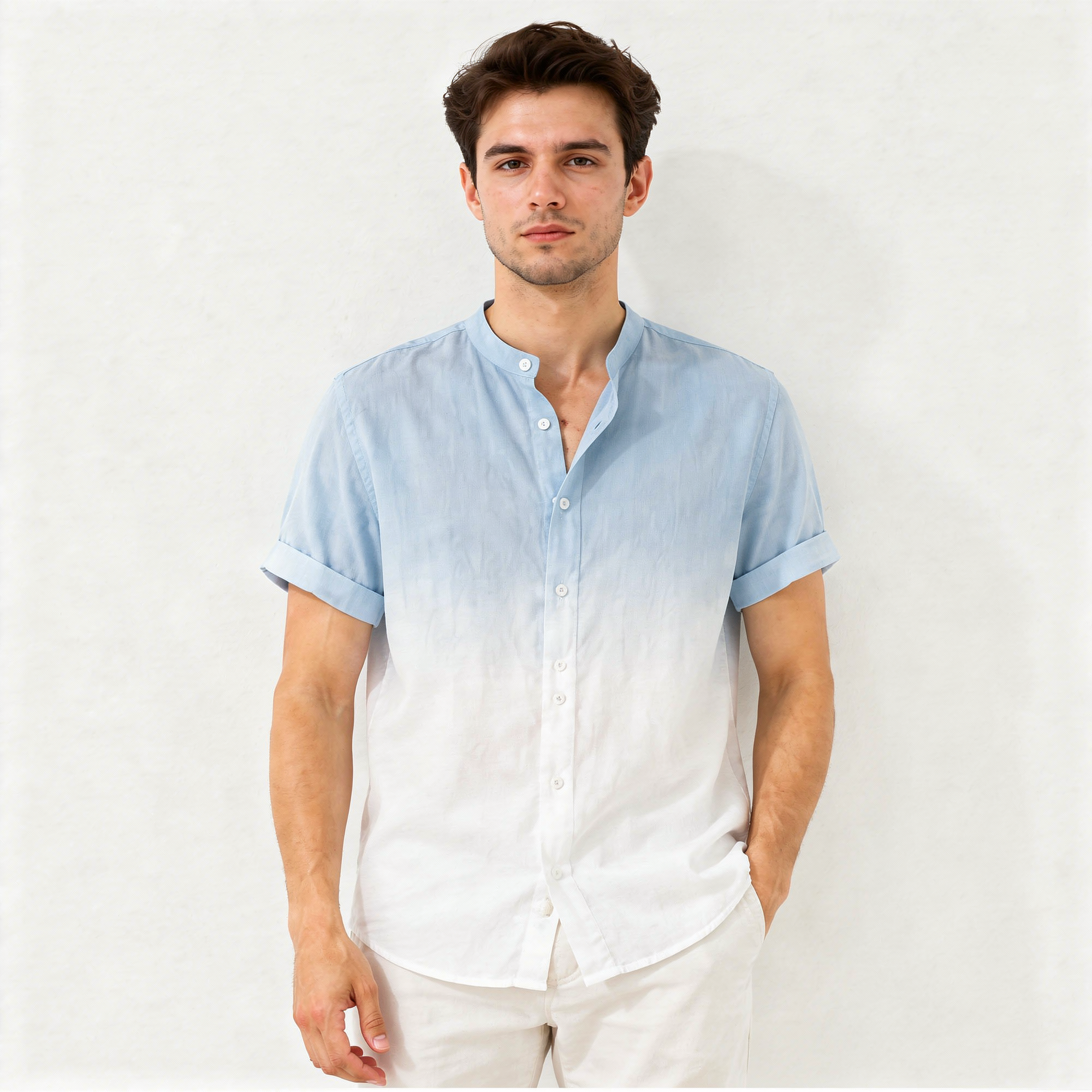 Men's Mandarin Collar Ombre Linen Shirt - Sky Blue