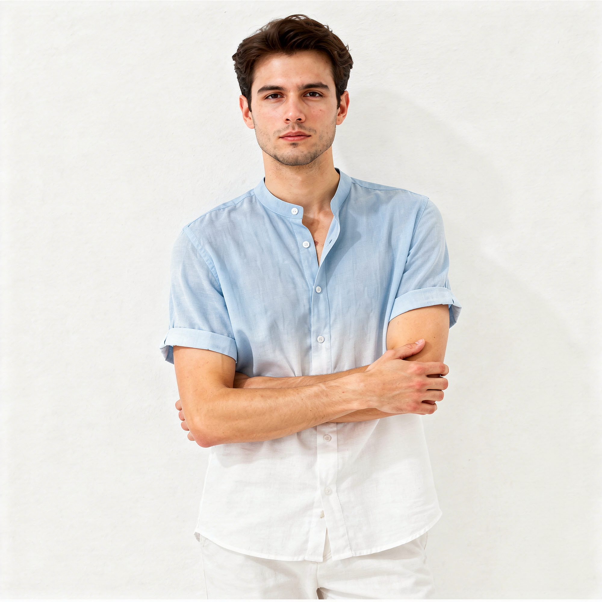 Men's Mandarin Collar Ombre Linen Shirt - Sky Blue
