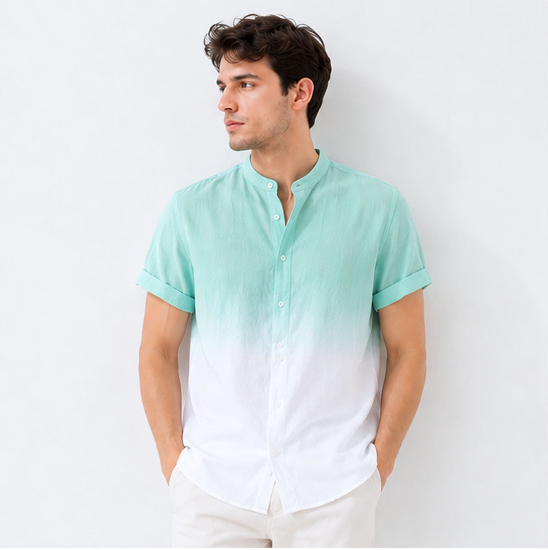 Men's Mandarin Collar Ombre Linen Shirt - Mint Green