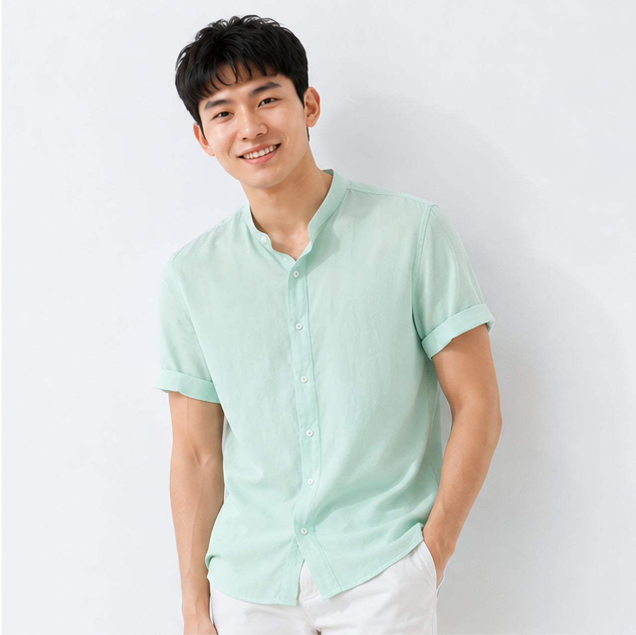 Men's Mandarin Collar Linen Shirt - Sage Green