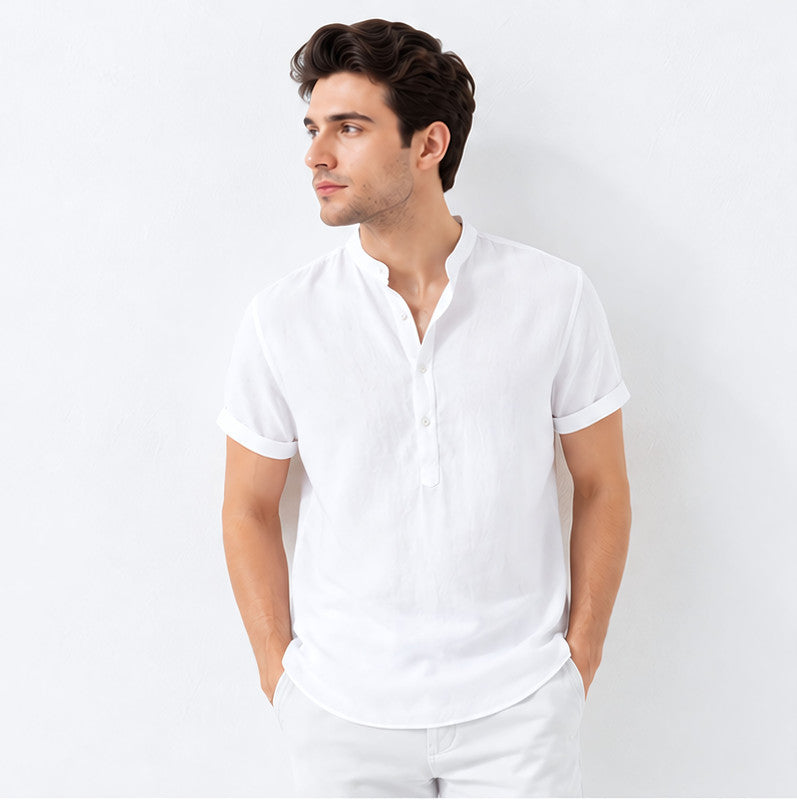 Men's Mandarin Collar Linen Shirt - Classic White