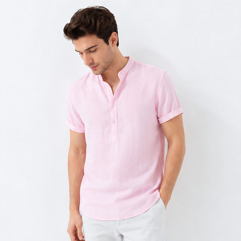 Men's Mandarin Collar Linen Shirt - Light Pink