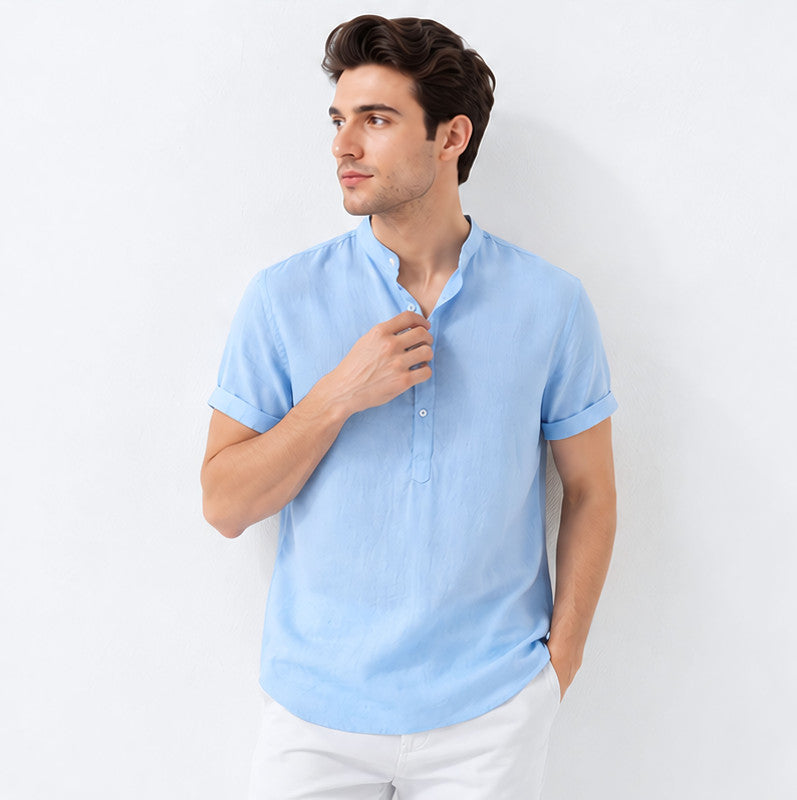 Men's Mandarin Collar Linen Shirt - Azure Blue