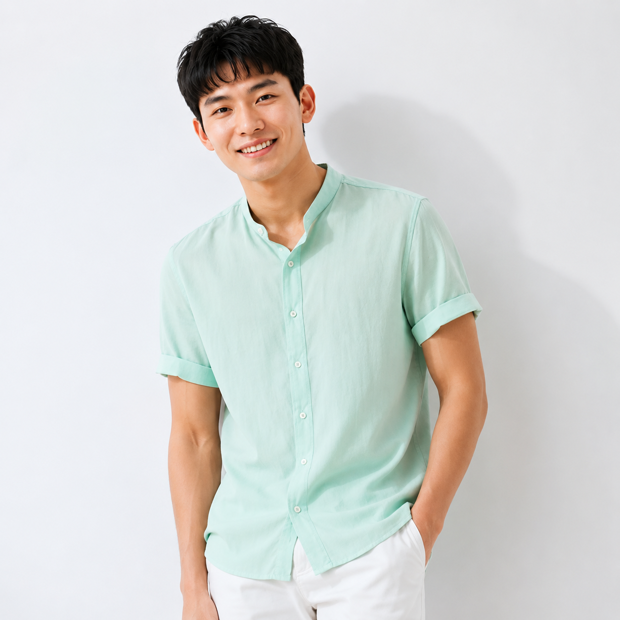 Men's Mandarin Collar Linen Shirt - Sage Green