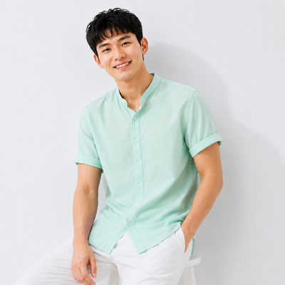 Men's Mandarin Collar Linen Shirt - Sage Green