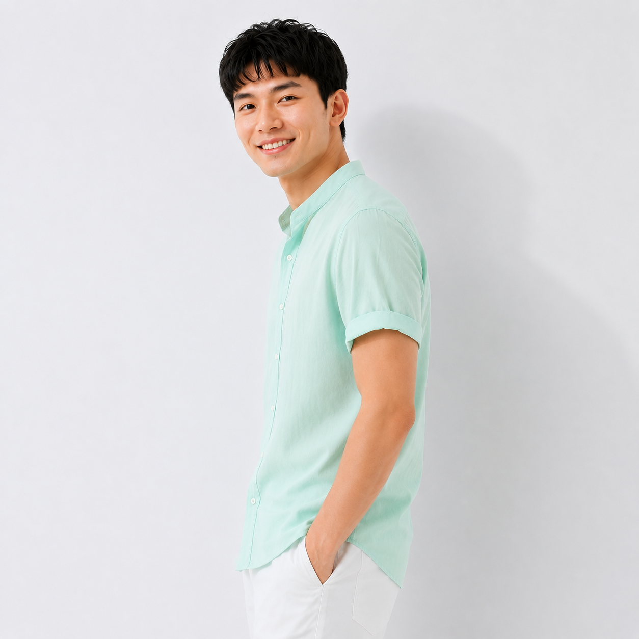 Men's Mandarin Collar Linen Shirt - Sage Green
