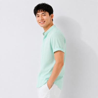 Men's Mandarin Collar Linen Shirt - Sage Green