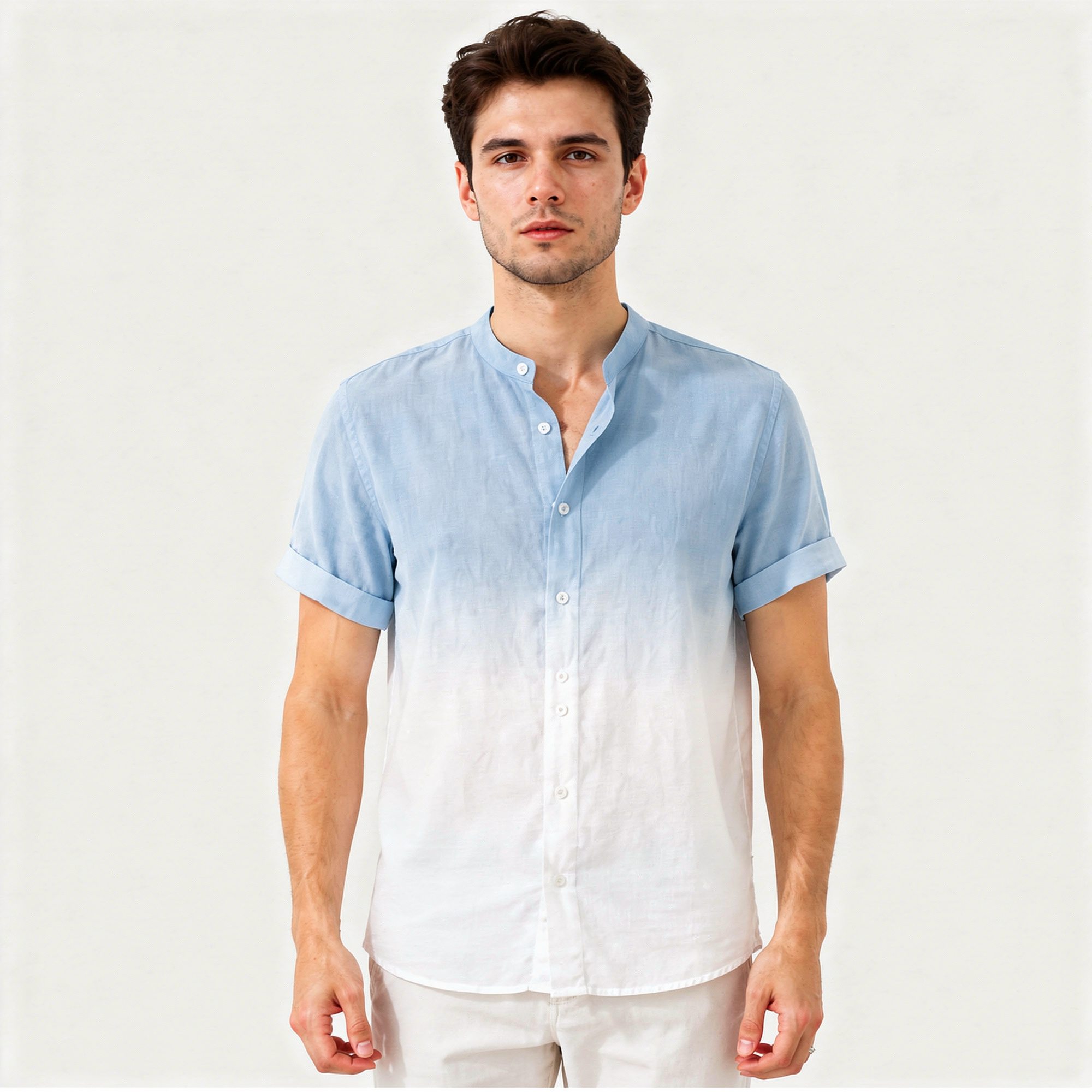 Men's Mandarin Collar Ombre Linen Shirt - Sky Blue