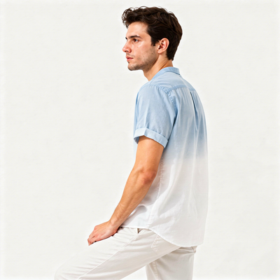 Men's Mandarin Collar Ombre Linen Shirt - Sky Blue