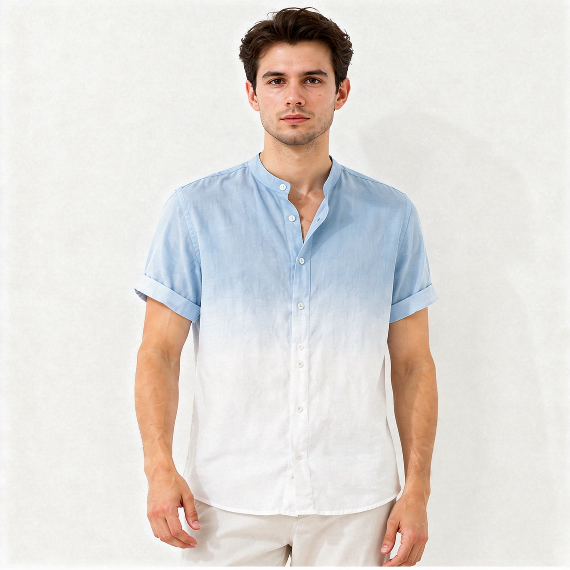 Men's Mandarin Collar Ombre Linen Shirt - Sky Blue