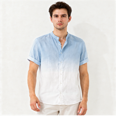 Men's Mandarin Collar Ombre Linen Shirt - Sky Blue