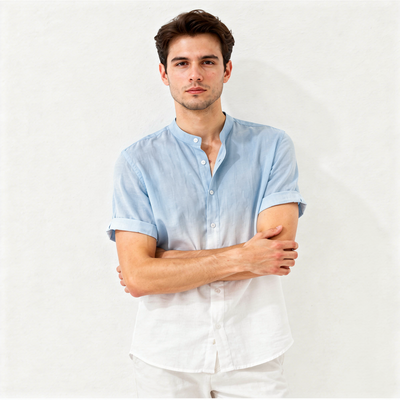 Men's Mandarin Collar Ombre Linen Shirt - Sky Blue