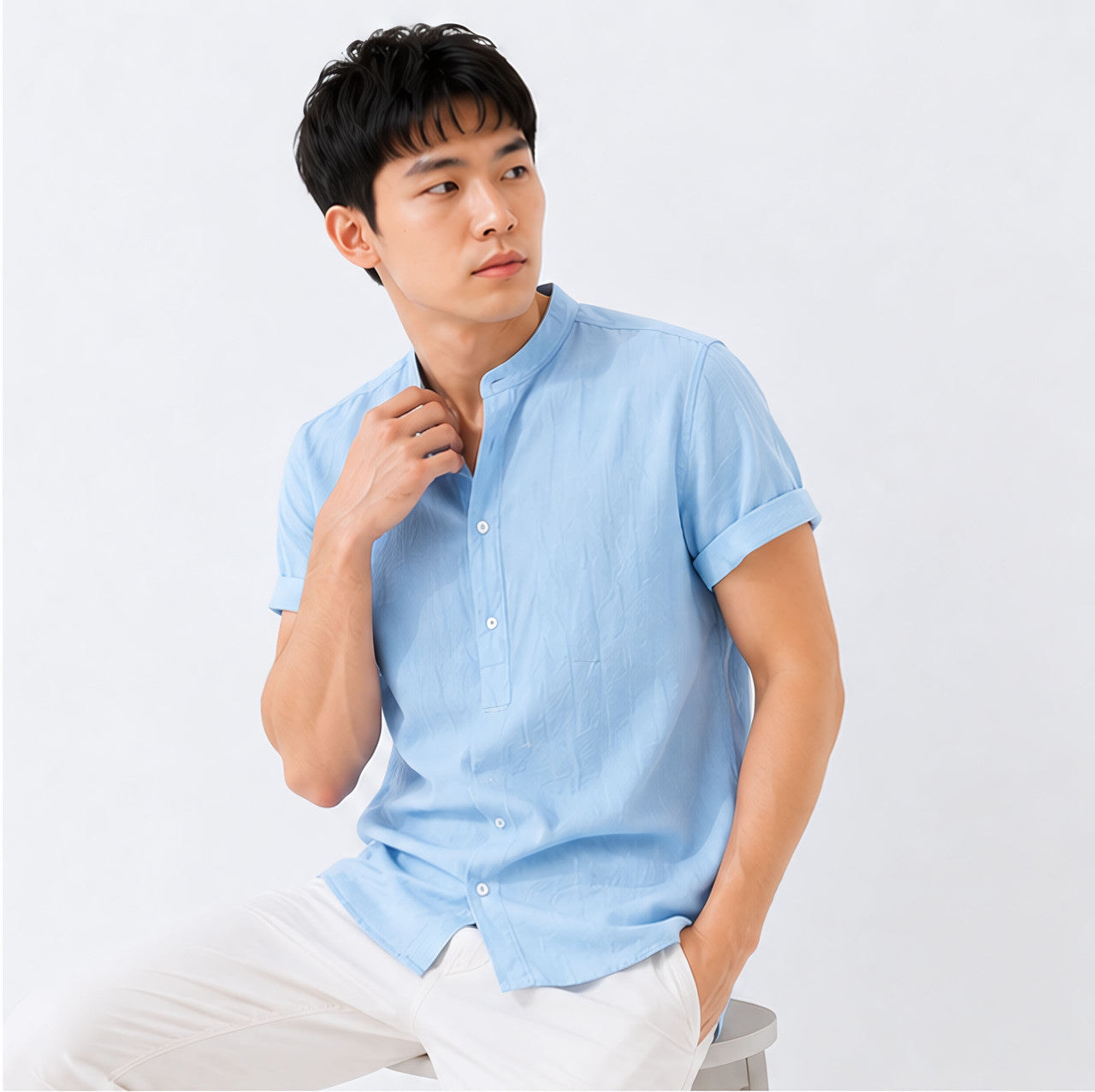 Men's Mandarin Collar Linen Shirt - Sky Blue