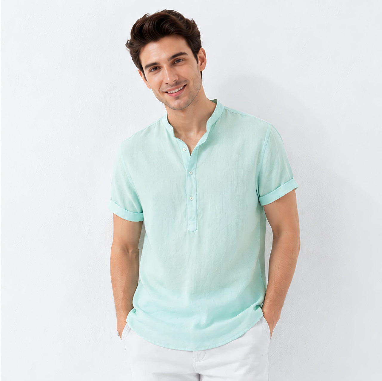 Men's Mandarin Collar Linen Shirt - Mint