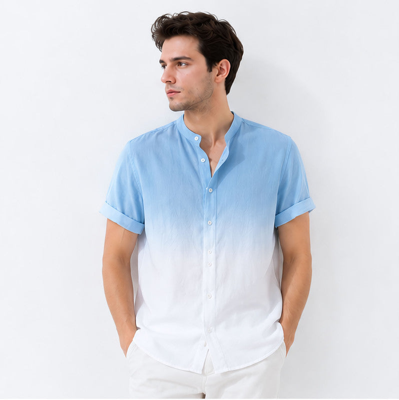 Men's Mandarin Collar Ombre Linen Shirt - Sky Blue