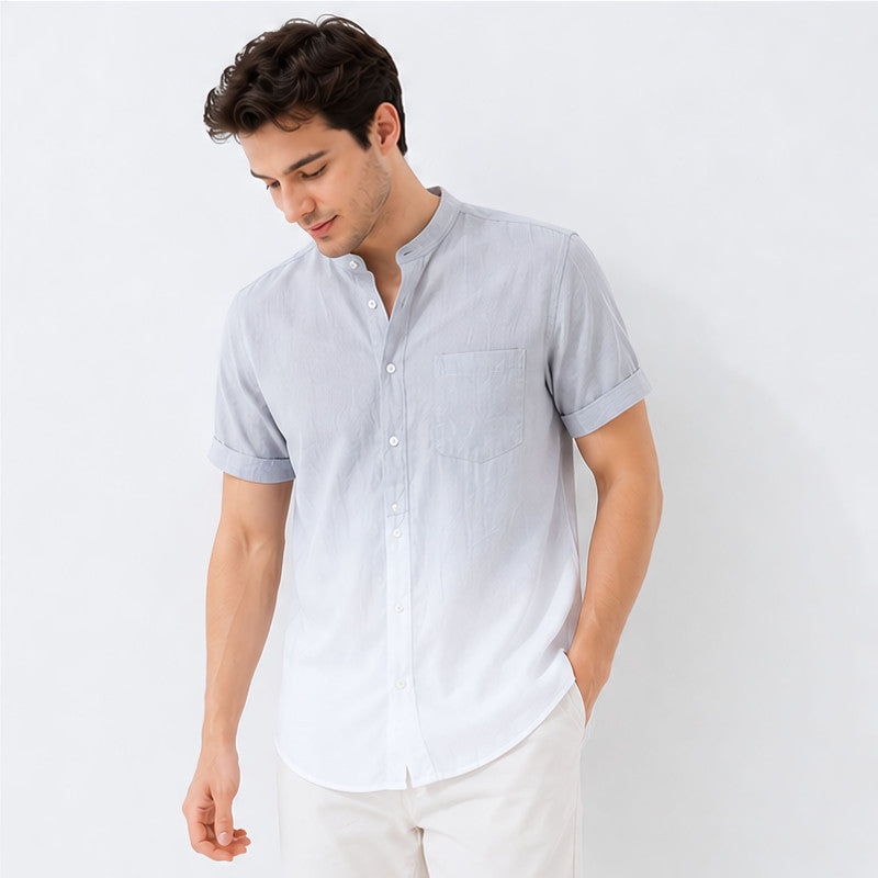 Men's Mandarin Collar Ombre Linen Shirt - Light Grey