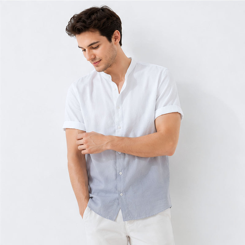 Men's Mandarin Collar Ombre Linen Shirt - Charcoal Grey